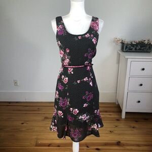 Vtg 90s Y2K K Petite Chiffon Black Polka Dot Dress 6P Pink Floral A Line Flirty